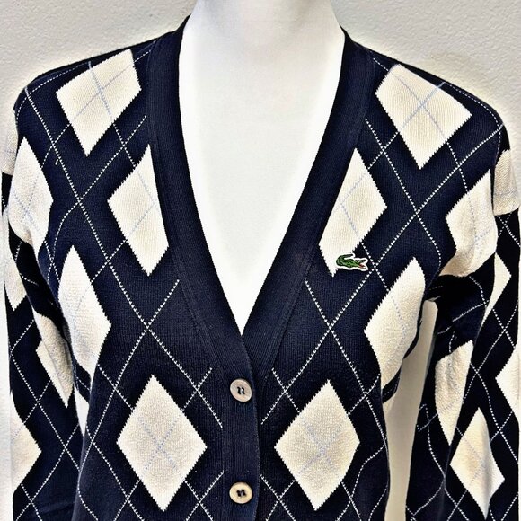 Lacoste Argyle Knitted Cardigan Sweater Button Down Diamond Preppy Top Y2K FLAW - Picture 10 of 12
